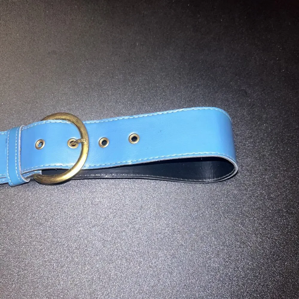 Blue Faux Leather Gold-Tone Hardware Adjustable Belt Women's Size 14